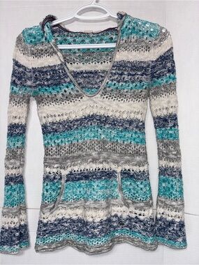 Roxy Women’s Open-Knit Hooded Tunic Long-Sleeve Y2K Style Bell Sleeve Top